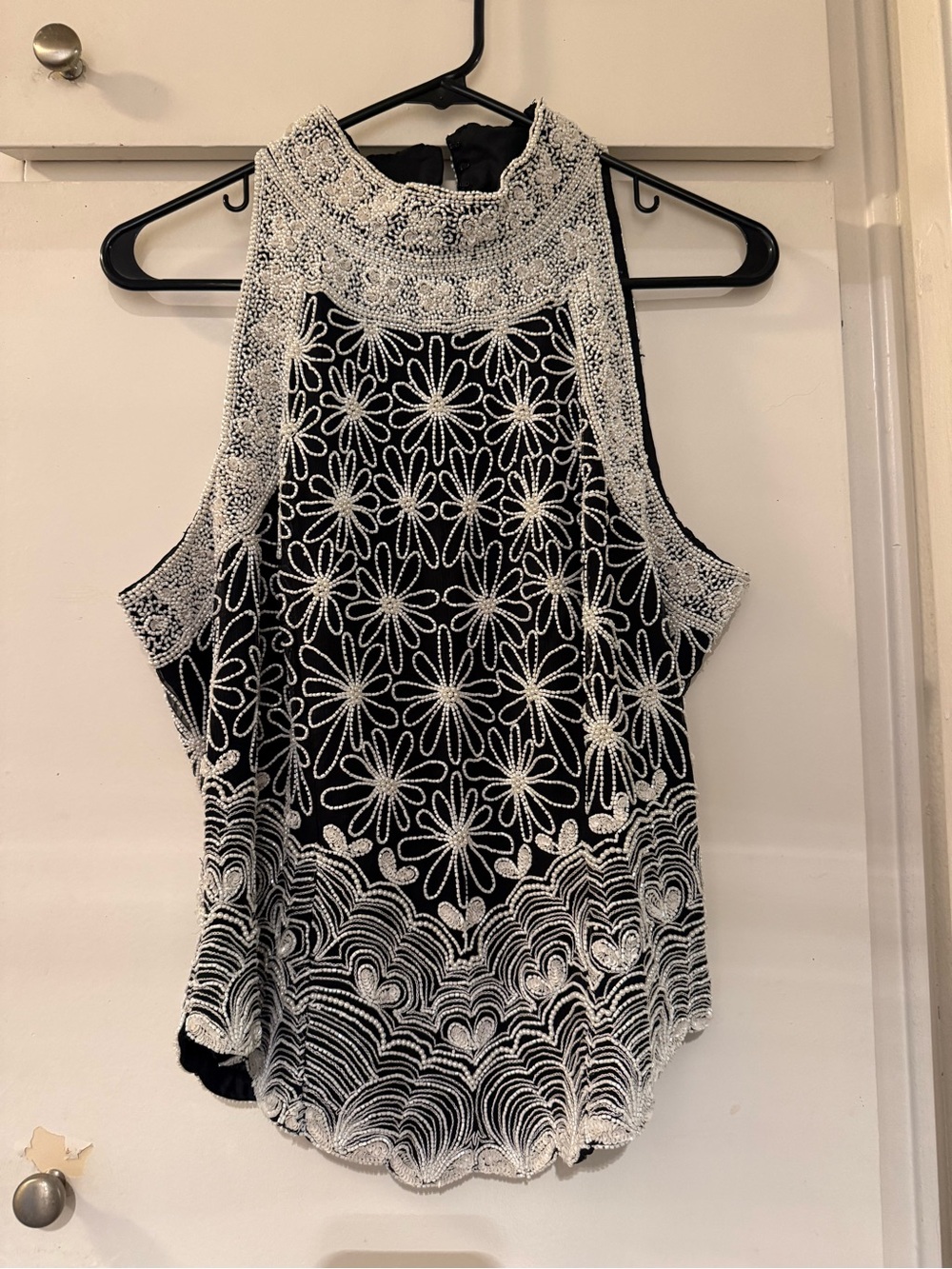 One hundred percent silk beaded White Halter Tank Top